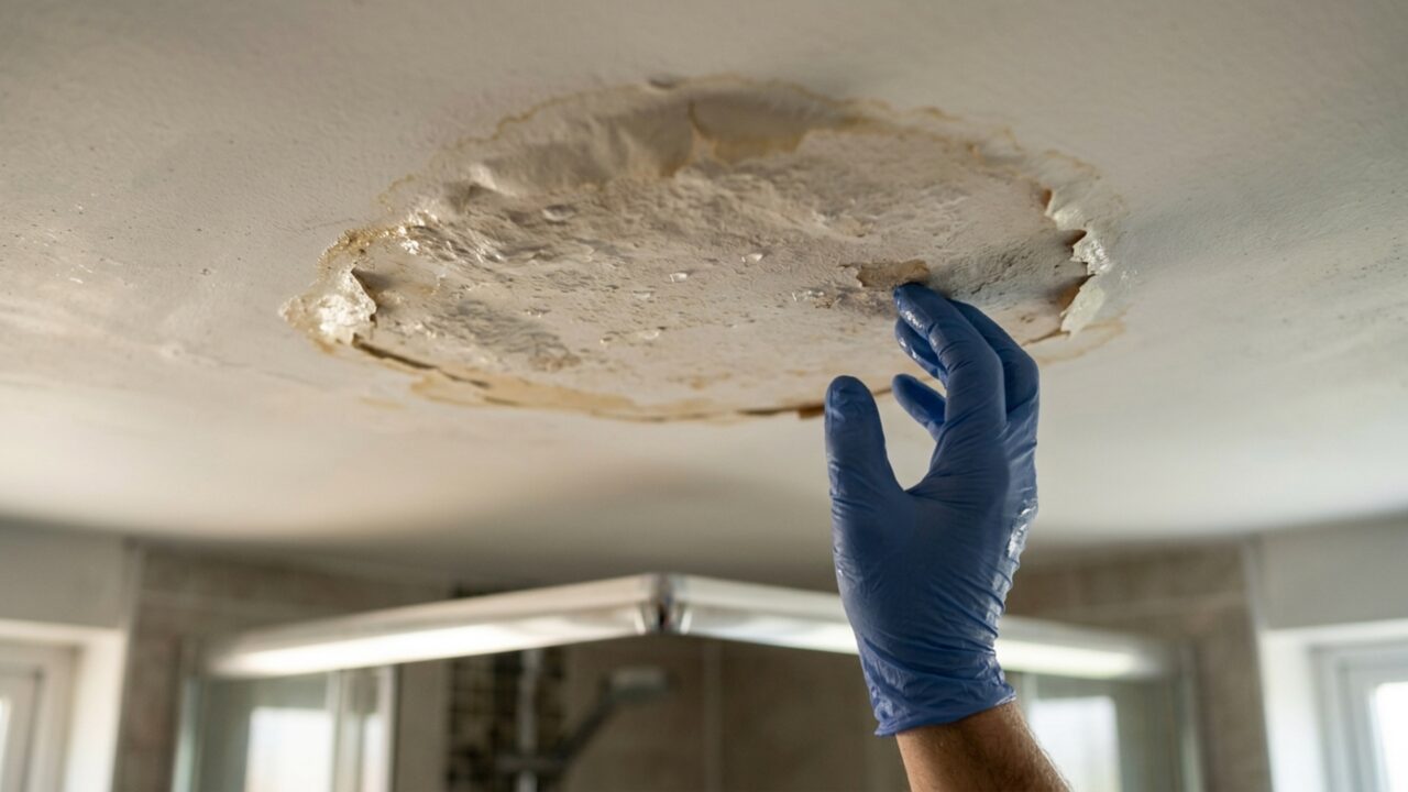 Depois de trocar a banheira por um box maior, apartamento de baixo começa a apresentar manchas justamente no teto do banheiro