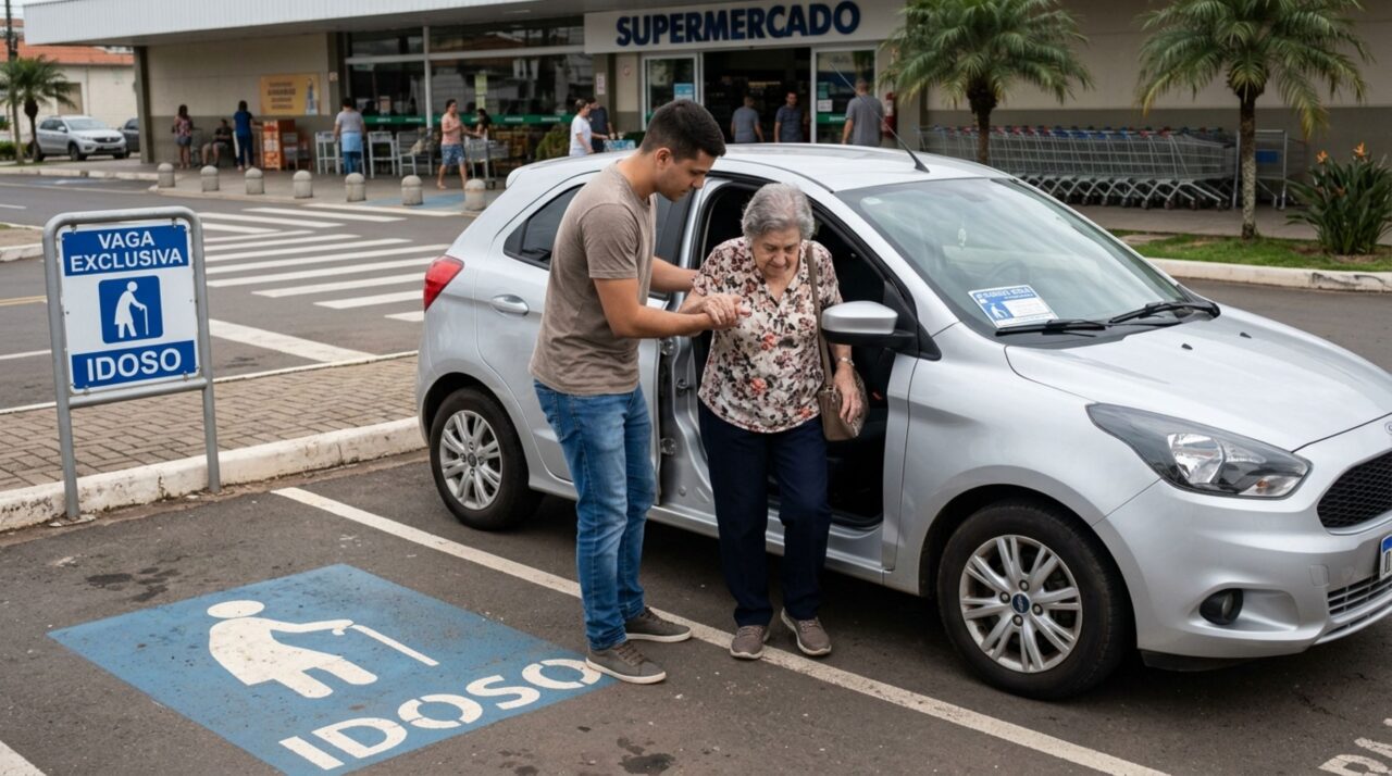Neto pega o carro da avó para fazer compras, estaciona em uma vaga para idosos e descobre que a credencial dela não pode ser utilizada quando a beneficiária não está presente