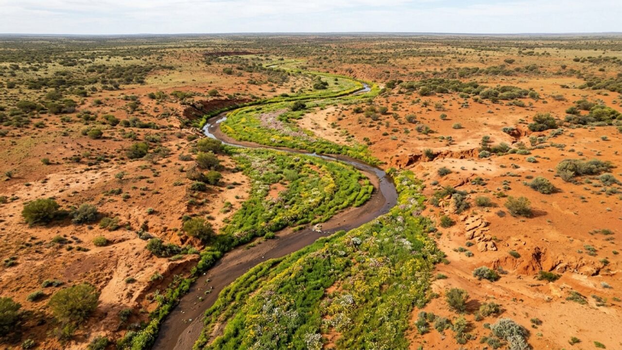 O deserto vermelho da Austrália virou um tapete de flores depois de chuvas raras e satélites registraram a transformação em grande escala