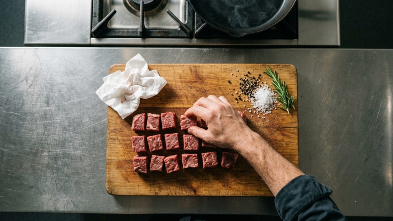 Uma carne bem dourada não depende apenas de fogo alto porque colocar muitos pedaços de uma vez pode derrubar a temperatura da frigideira em poucos segundos