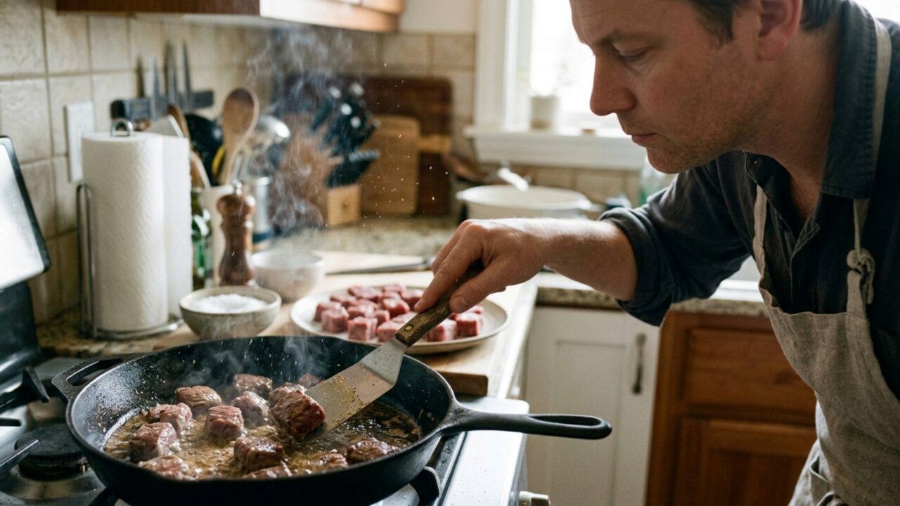Uma carne bem dourada não depende apenas de fogo alto porque colocar muitos pedaços de uma vez pode derrubar a temperatura da frigideira em poucos segundos