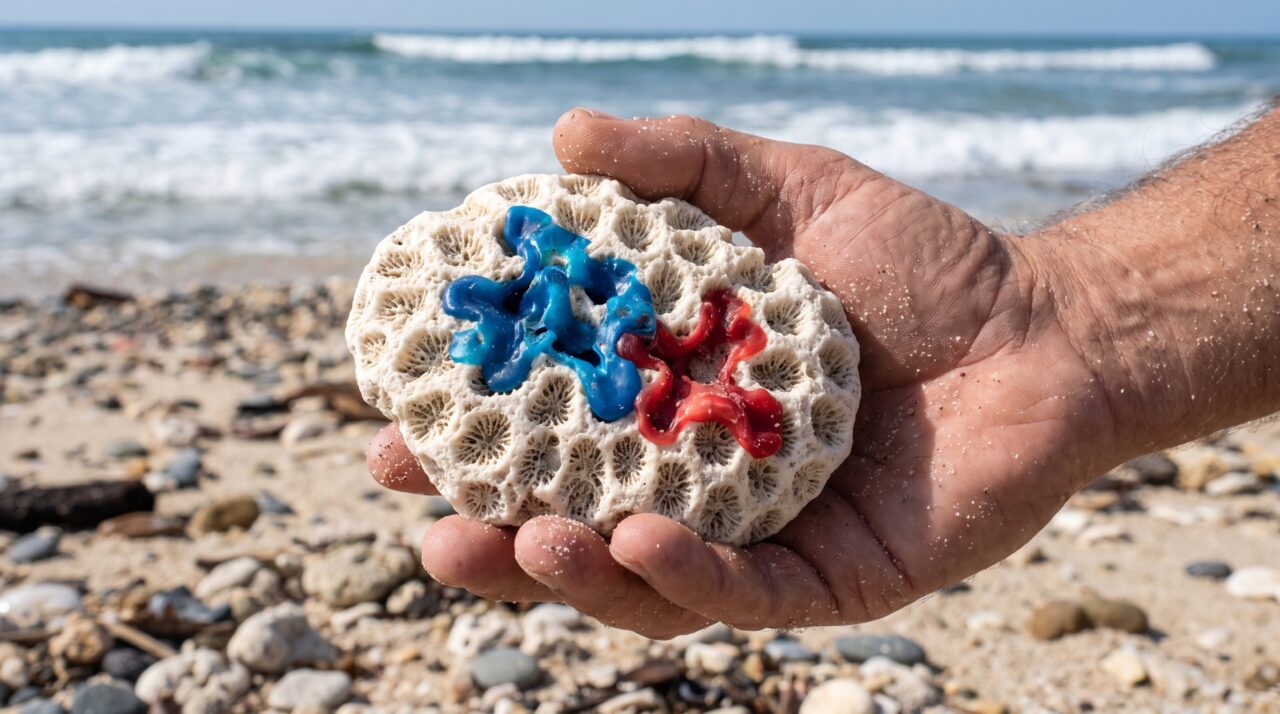 Pedaços coloridos presos em coral morto pareciam sujeira comum, até o laboratório mostrar plástico derretido dentro dos poros