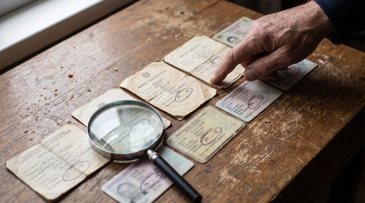 Close-up contextual em um balcão de atendimento de cartório no Brasil. A tensão da verificação burocrática: um funcionário público com expressão de total surpresa e curiosidade analisa uma pilha grossa de nove documentos de identidade abertos sobre a mesa. A evidência do espanto: ele usa uma caneta para conferir e comparar os papéis um a um, percebendo a anomalia de que todas as datas de nascimento daquela família caem exatamente no mesmo dia. O ambiente tem luz fria de repartição, divisórias de vidro, fotojornalismo prático, fotorrealismo, proporção 16:9. Sem letreiros estrangeiros.