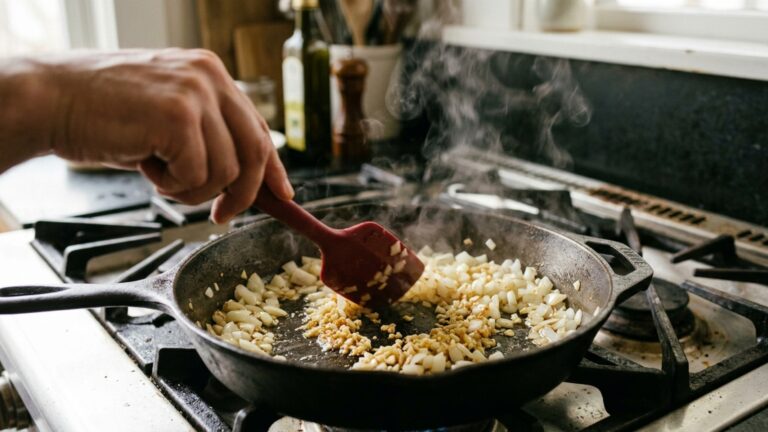 O alho entra poucos minutos depois da cebola em muitas cozinhas porque os dois ingredientes não precisam do mesmo tempo para chegar ao ponto certo