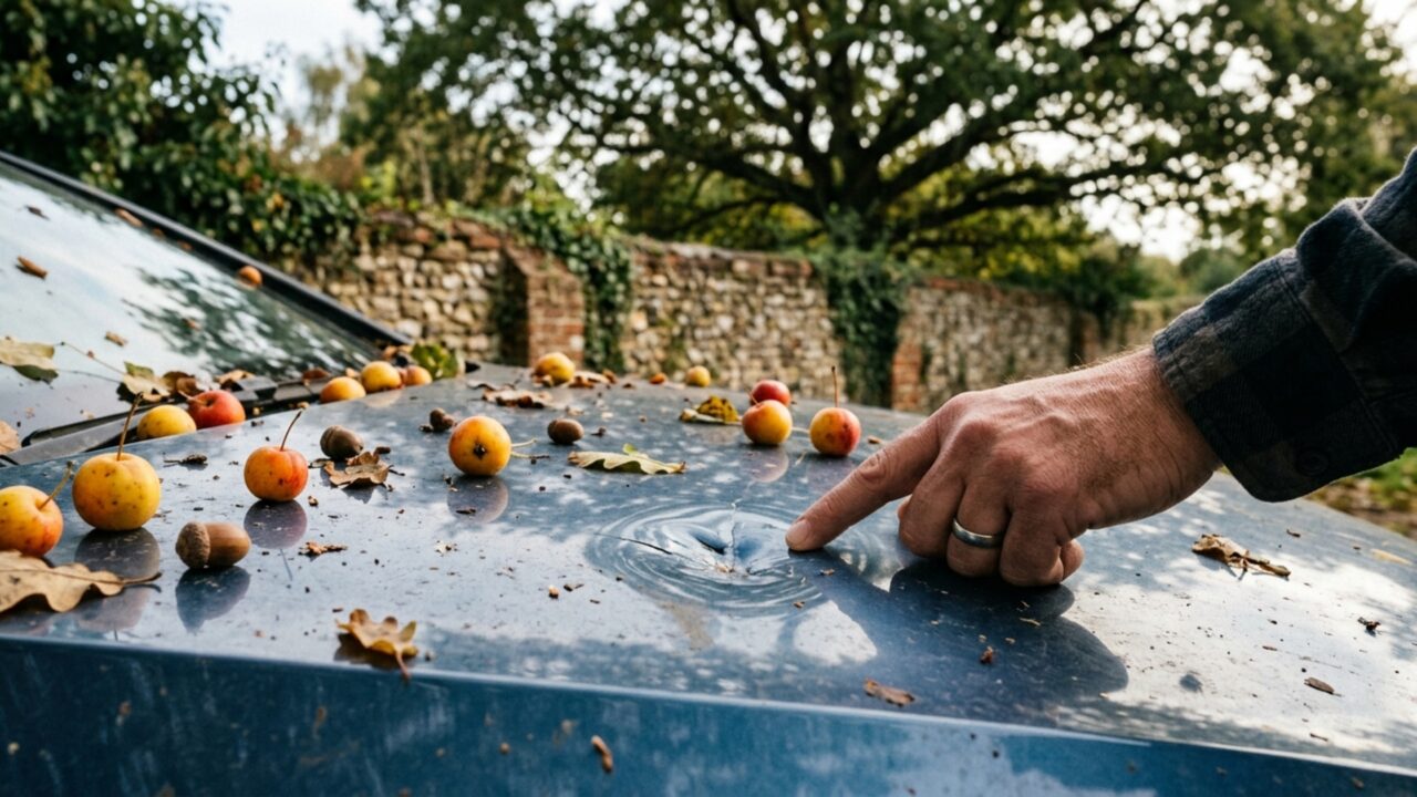 Uma árvore começa a soltar frutos sobre o carro estacionado ao lado e vizinhos passam a discutir se poda, remoção ou mudança da vaga seria a solução