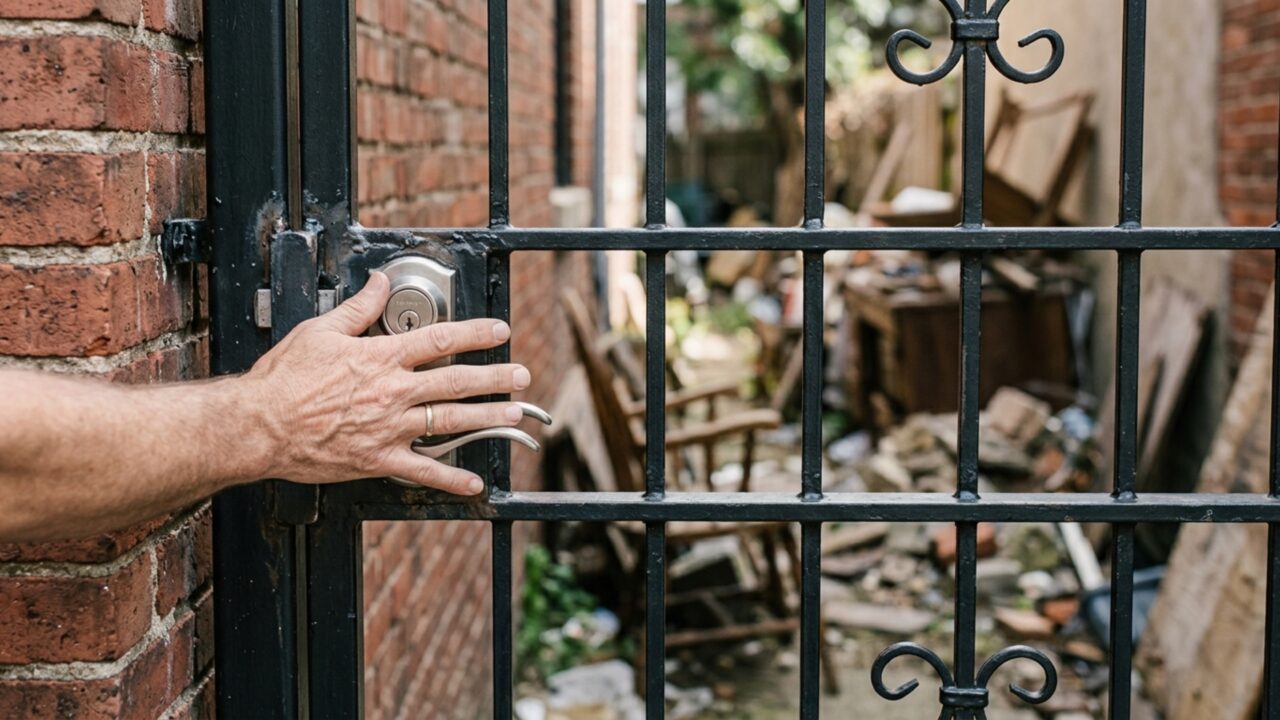 Vizinho fecha uma antiga passagem com portão de ferro para aumentar a segurança e família ao lado percebe que perdeu o caminho usado para retirar lixo e materiais grandes