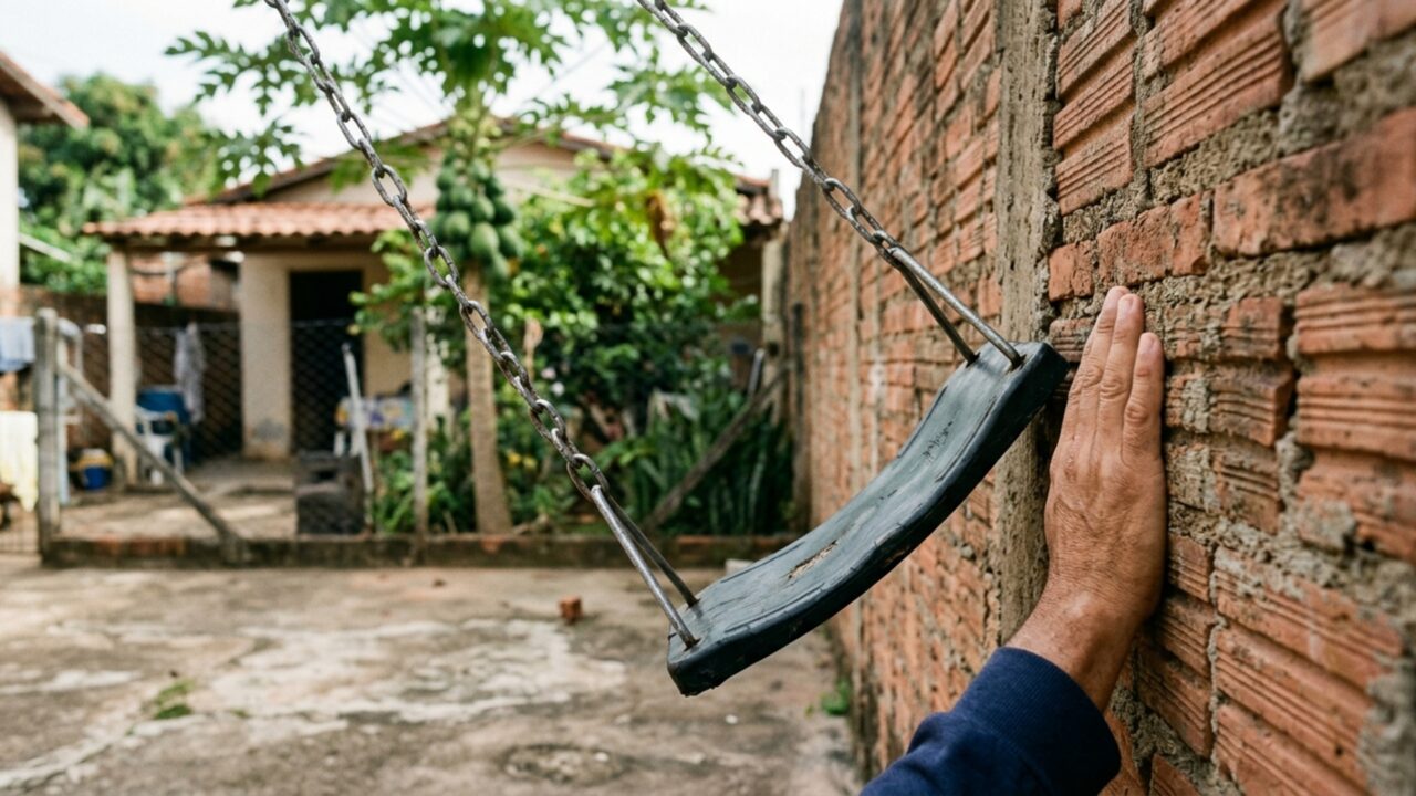 A família instala um balanço grande para as crianças e só depois percebe que, no ponto mais alto do movimento, o assento chega muito perto do muro e das plantas do vizinho