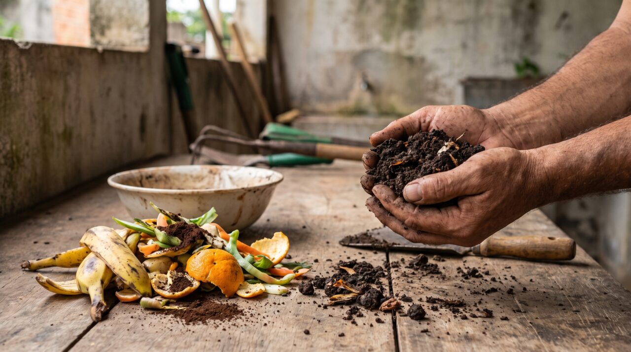 Cascas de frutas, folhas secas e restos da horta parecem três tipos de lixo, mas juntos podem virar matéria-prima dentro de casa