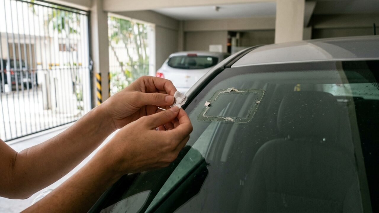 Motorista deixa o carro para trocar o para-brisa e encontra o adesivo de acesso do condomínio inutilizado, enquanto a oficina afirma que a reposição do dispositivo não estava incluída no serviço