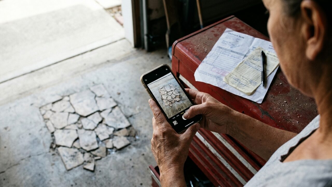 Família autoriza a entrada de um caminhão para entregar blocos e encontra o piso da garagem quebrado nos pontos onde o operador apoiou os pés do guindaste durante a descarga