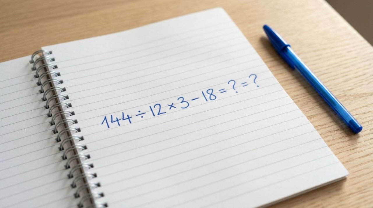 Caderno escolar antigo sobre carteira de madeira, com cálculos matemáticos escritos à mão, relembrando as aulas de matemática dos anos 80 e 90