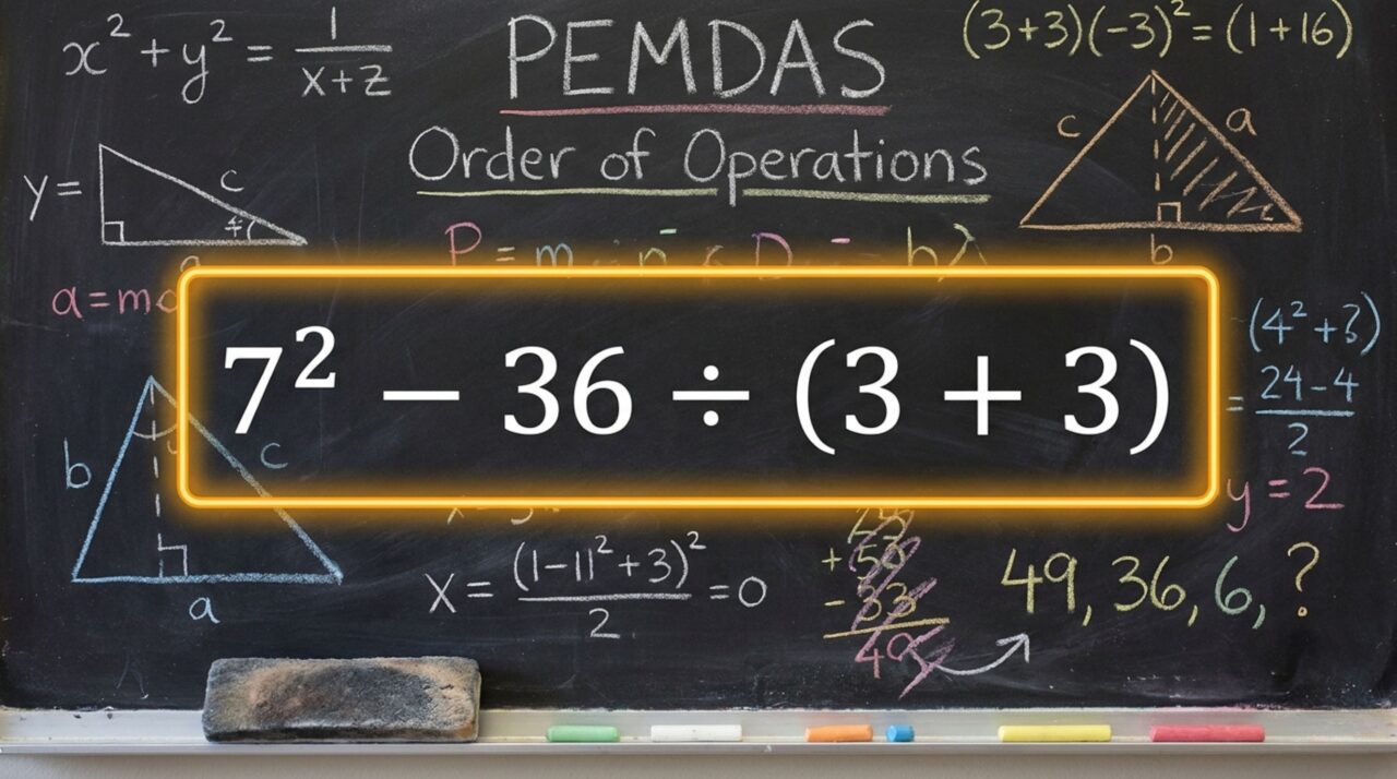 6 a cada 7 pessoas falham em resolver 7² − 36 ÷ (3 + 3) corretamente por esquecer de uma regra antiga