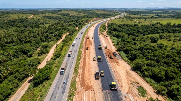Vista aérea da BR-424 em obras de duplicação na região de Maceió, com pistas asfaltadas, máquinas de construção e vegetação verde ao redor.
