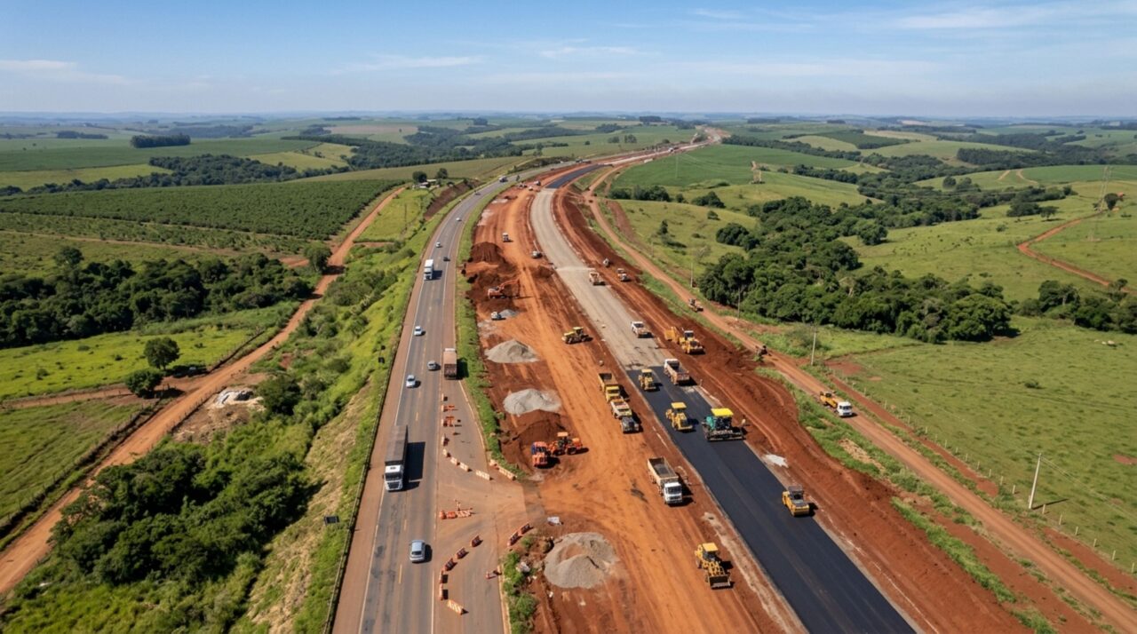 Vista aérea da BR-153 em obras de duplicação no Paraná, com novas pistas em construção ao lado da rodovia existente e áreas agrícolas ao redor