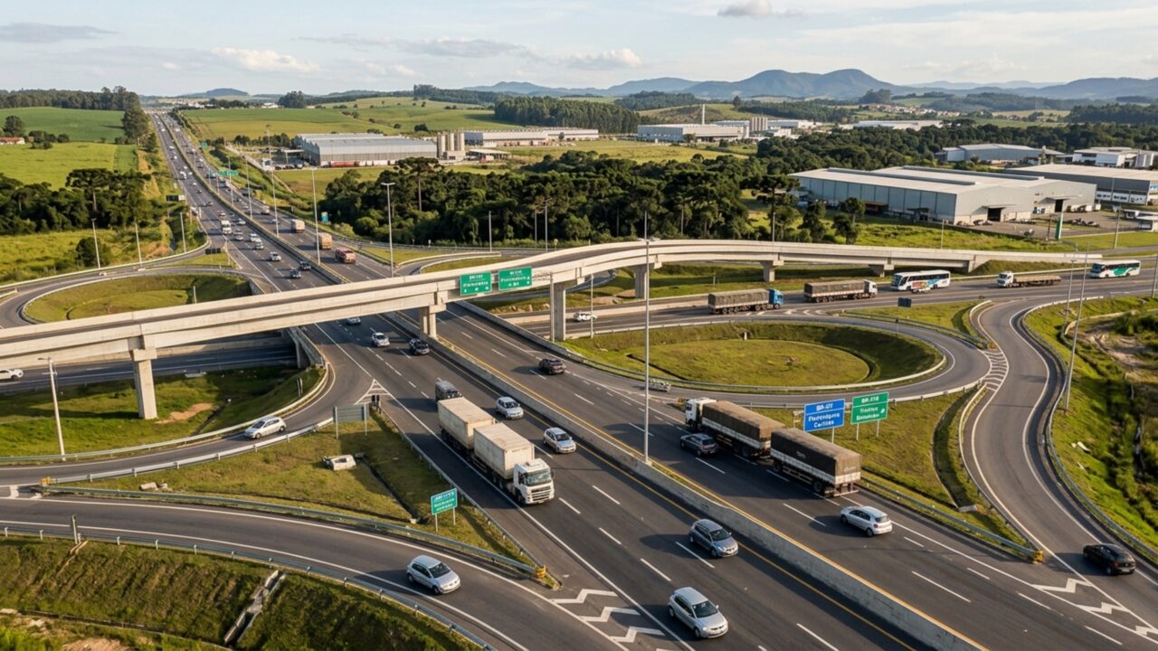 Um corredor de 515 km poderá ganhar 50 km de duplicações, mais de 100 km de faixas adicionais e 129 intervenções em acessos e interseções para modernizar uma das principais rotas industriais do Sul