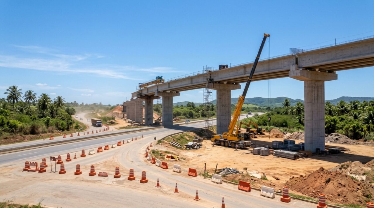 Viaduto de concreto em construção sobre rodovia em Alagoas, com vigas pré-moldadas, guindaste e sinalização temporária de trânsito.