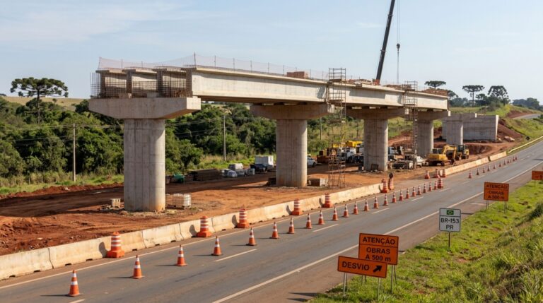 Viaduto de concreto em construção sobre a BR-153, com pilares estruturais, cones de sinalização e desvio temporário para veículos durante as obras