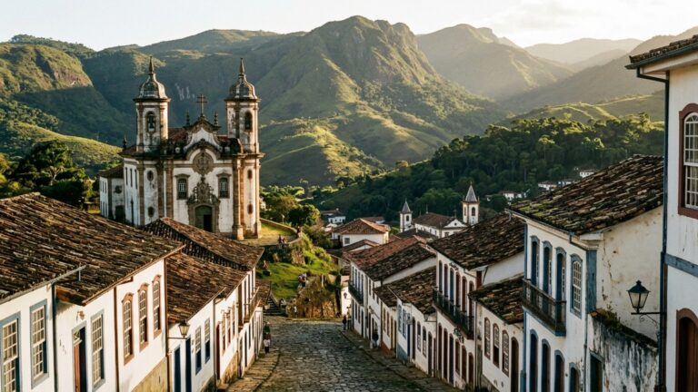 Uma antiga cidade mineradora ocupa encostas tão íngremes que algumas ruas parecem subir diretamente entre telhados, igrejas e casarões históricos
