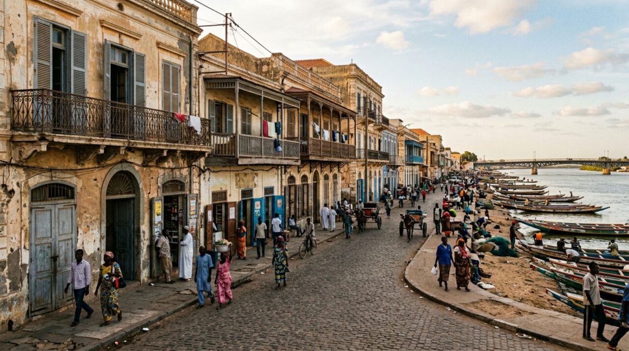Varandas, galerias e cais ajudam a definir a paisagem histórica da ilha de Saint-Louis