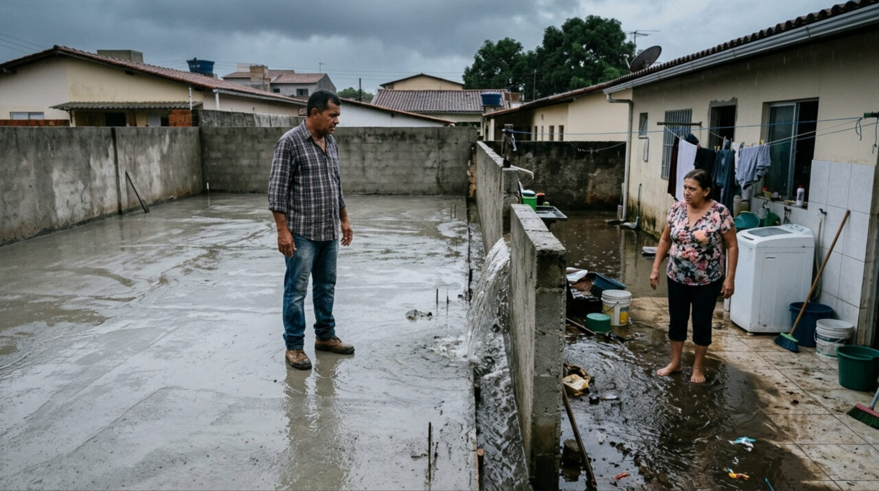 Homem coloca concreto em todo o quintal para acabar com lama e, logo após a primeira chuva forte, vizinho descobre que a água passou a invadir sua área de serviço
