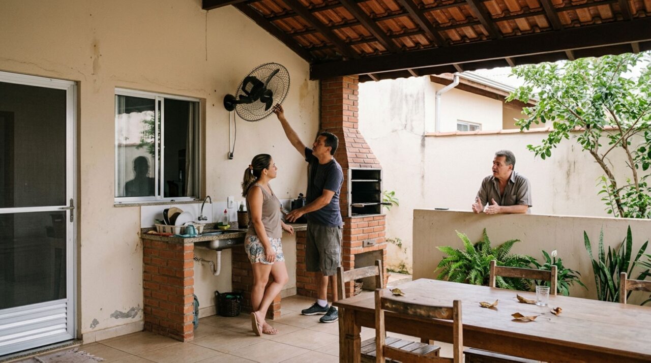 Casal instala um ventilador de parede na área gourmet para amenizar o calor, e morador ao lado percebe que o vento espalha folhas e poeira sobre sua mesa externa
