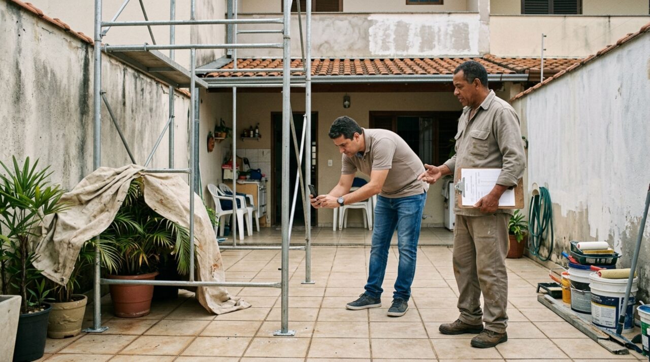 Família contrata trabalhadores para pintar a fachada de casa, vizinho descobre andaimes e ferramentas dentro de seu quintal enquanto estava viajando e exige reparação, mas o empreiteiro afirma que o acesso era necessário para concluir o serviço