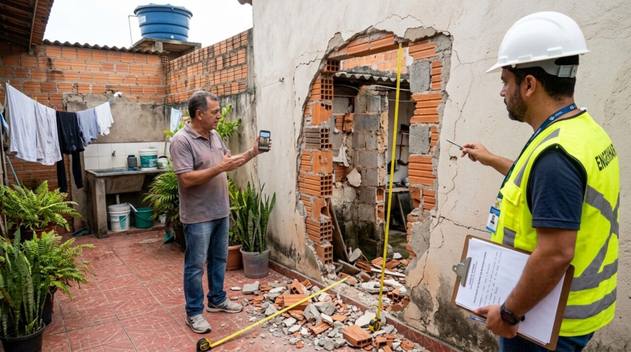 Família volta de viagem e encontra abertura feita pelo vizinho no muro compartilhado para passar materiais da obra, exige fechamento e ouve que o acesso será usado por mais um mês