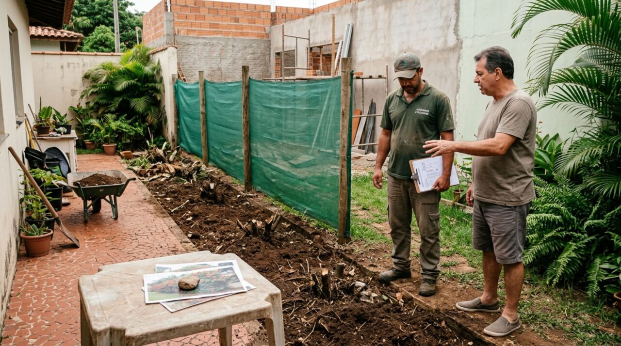 Após passar o fim de semana fora, casal retorna e encontra a fileira de hibiscos da divisa arrancada para o vizinho construir um muro, exige replantio e cobra os gastos para recuperar a privacidade do quintal