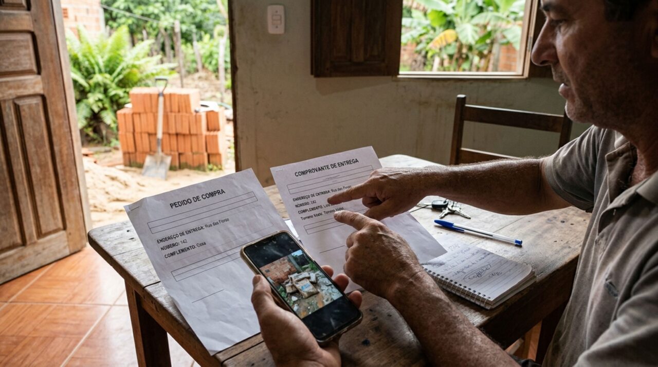 Família compra sacos de cimento para ampliar a varanda, entregador deixa a mercadoria em uma casa desocupada e parte do material endurece após a chuva, mas comprovante revela o endereço informado pela loja