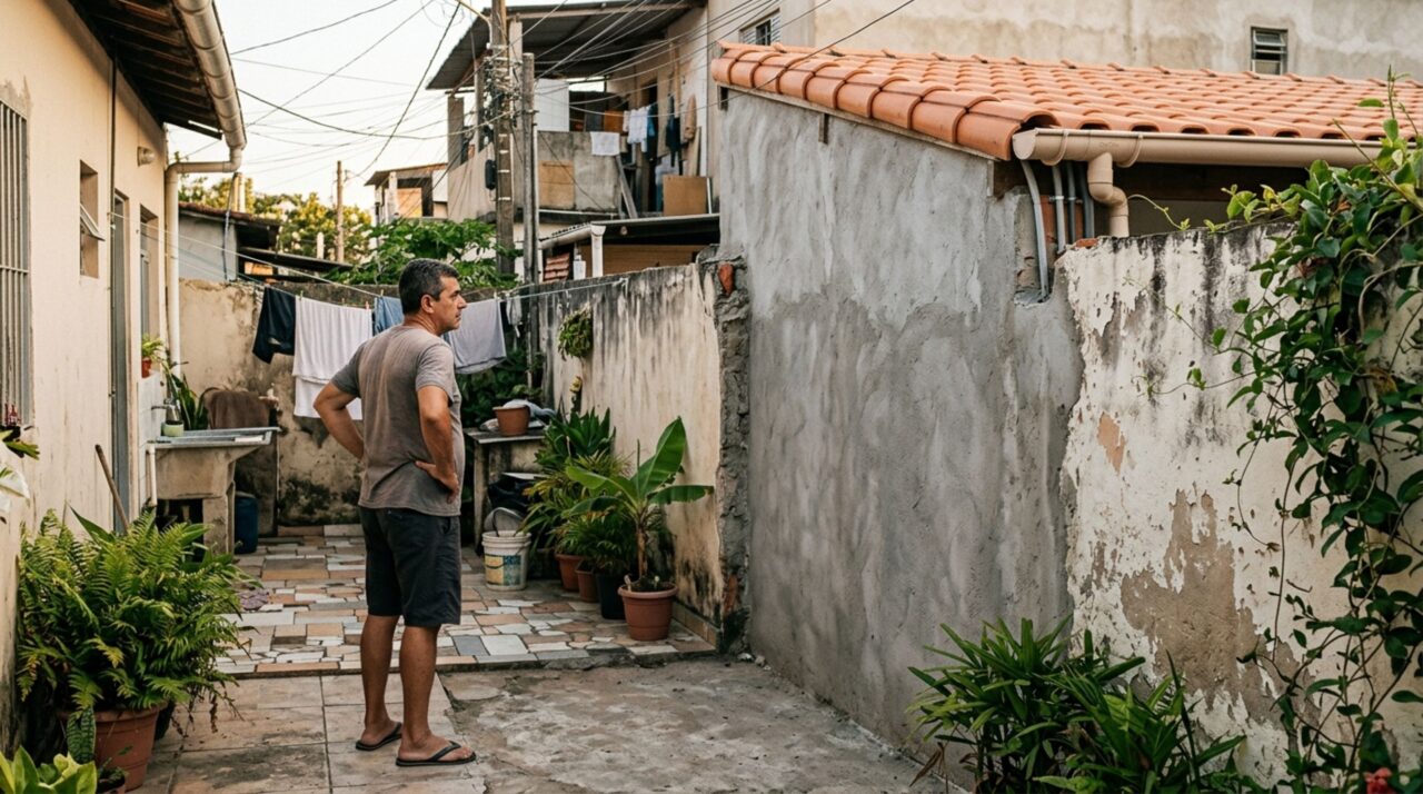 Mulher retorna de viagem e encontra parte do muro substituída por uma parede da nova edícula do vizinho, pede a recomposição e questiona o uso da divisa como apoio da construção