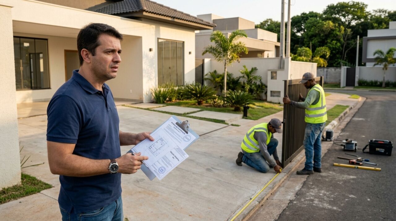 Homem compra terreno em condomínio, termina a residência e descobre, ao instalar o portão, que a fachada projetada não respeita a faixa frontal prevista nos documentos do empreendimento
