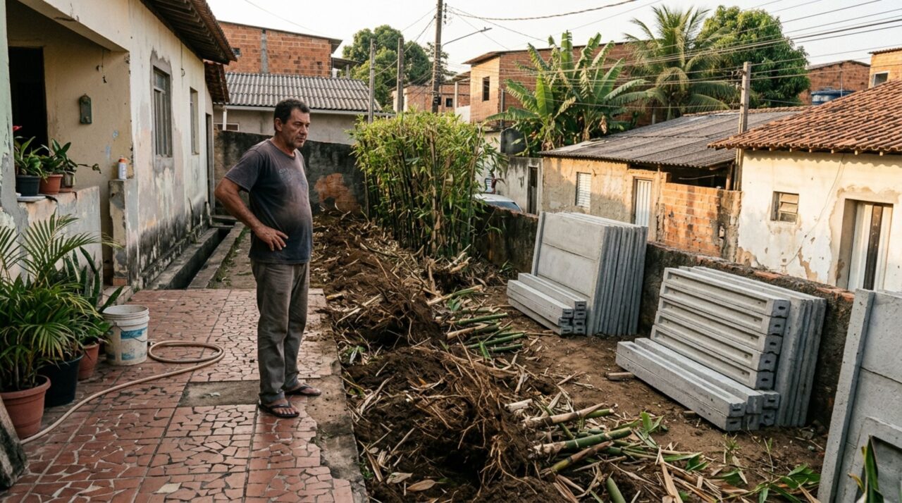 Moradora chega em casa e descobre que o vizinho arrancou a cerca de bambus para instalar placas de concreto, exige reposição e contesta a alegação de que as raízes invadiam o outro lote