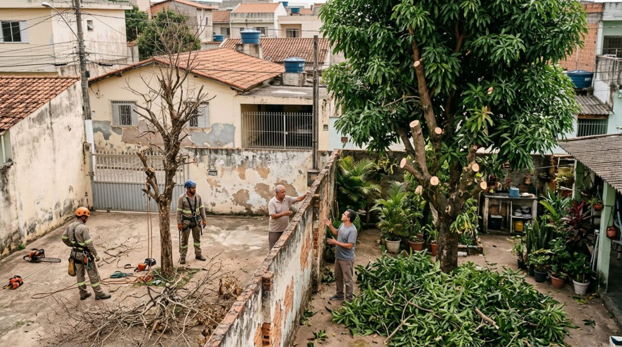 Morador contrata a retirada de uma árvore seca do quintal e descobre que a equipe também cortou galhos de uma árvore saudável do vizinho sem autorização