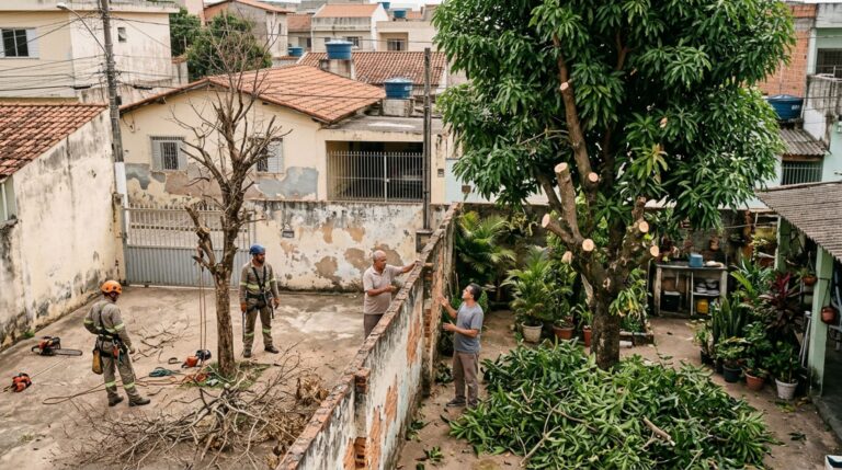 Morador contrata a retirada de uma árvore seca do quintal e descobre que a equipe também cortou galhos de uma árvore saudável do vizinho sem autorização
