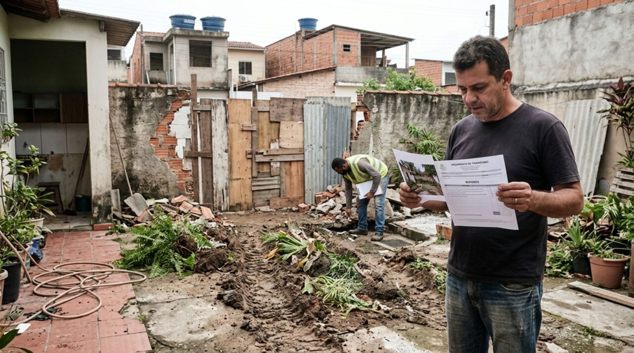 Família volta para casa e encontra o quintal exposto à rua após o vizinho retirar parte do muro para movimentar uma máquina, exige fechamento imediato e reparação pelos danos ao jardim