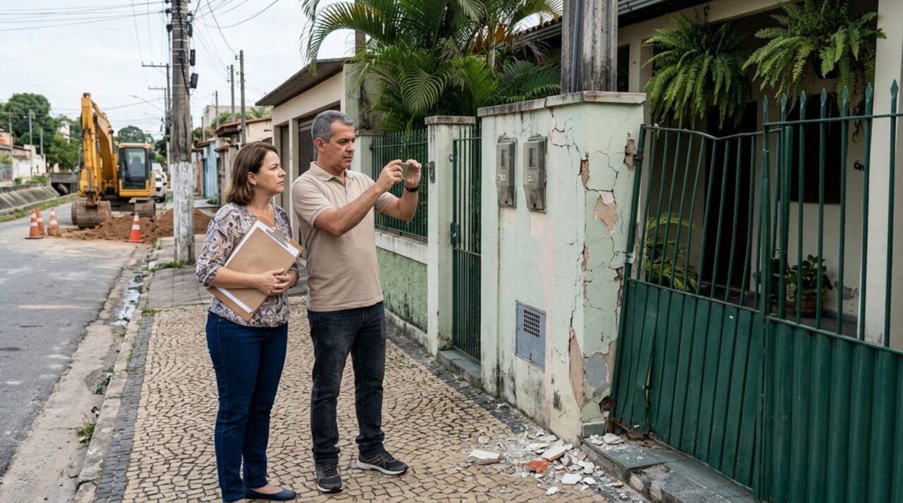 Morador tem o portão e parte do muro atingidos por uma máquina utilizada na limpeza de um canal público e procura indenização depois que a equipe encerra o serviço sem reparar os danos na entrada da casa