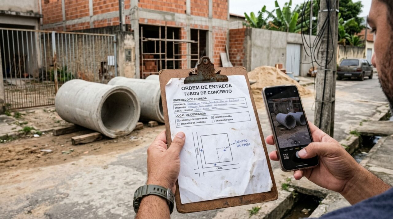 Proprietário compra tubos de concreto para instalar a drenagem do quintal, caminhão deixa as peças sobre o acesso de um terreno vizinho e recebe cobrança pela retirada, mas ordem de entrega registra outro local para descarregar