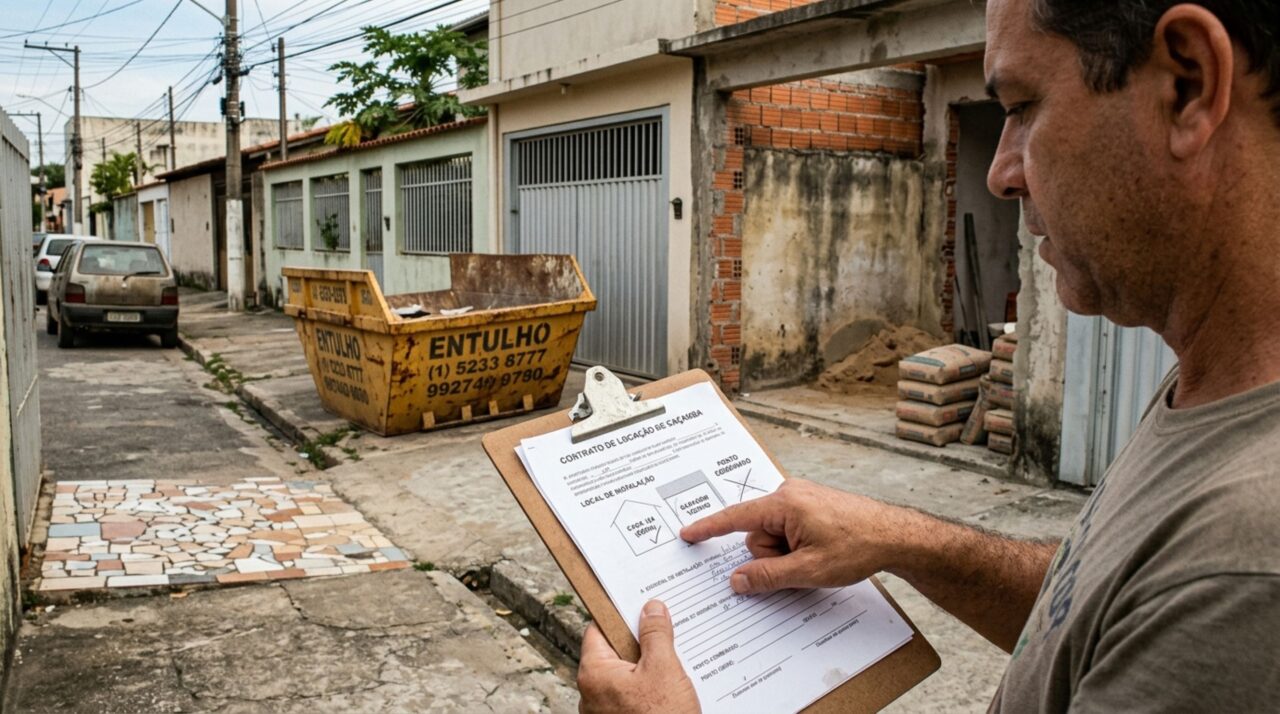 Morador encomenda uma caçamba para retirar os restos da reforma, empresa coloca o equipamento diante da garagem vizinha e proprietário recebe cobrança pela remoção, mas contrato indica outro ponto de instalação