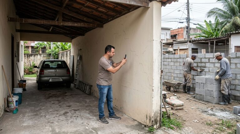 Morador levanta um muro de blocos para separar os quintais e vizinho percebe pequenas rachaduras surgindo na parede da garagem durante a obra