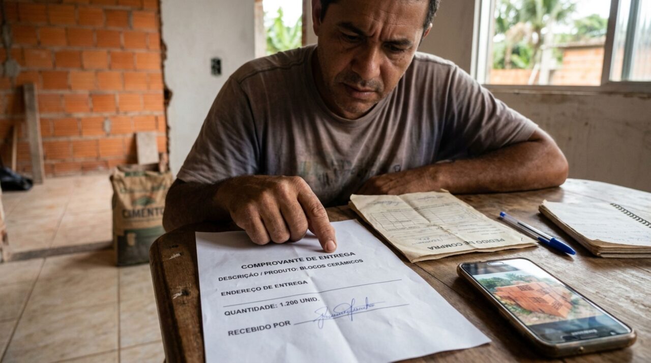 Família encomenda blocos cerâmicos para construir uma área de serviço, caminhão descarrega o pedido em uma obra da mesma rua e comprador descobre que parte do material já foi utilizada, mas recibo mostra quem recebeu a carga