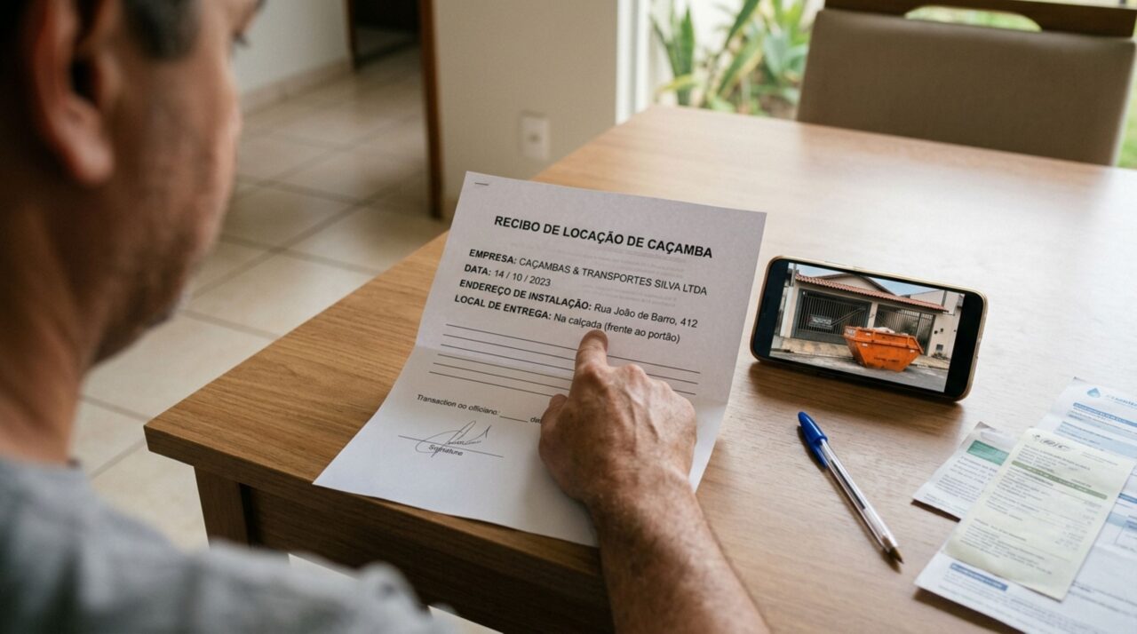 Homem aluga uma caçamba para retirar entulho da reforma, equipamento é colocado diante da garagem do vizinho durante três dias e proprietário exige indenização, mas recibo da empresa mostra que o local indicado para instalação era outro