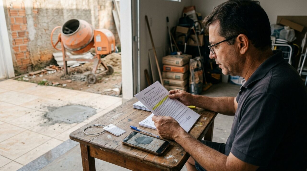 Morador aluga uma betoneira para construir a garagem, equipamento apresenta defeito e espalha concreto sobre o piso do vizinho, mas comprovante de locação revela uma condição importante sobre a manutenção