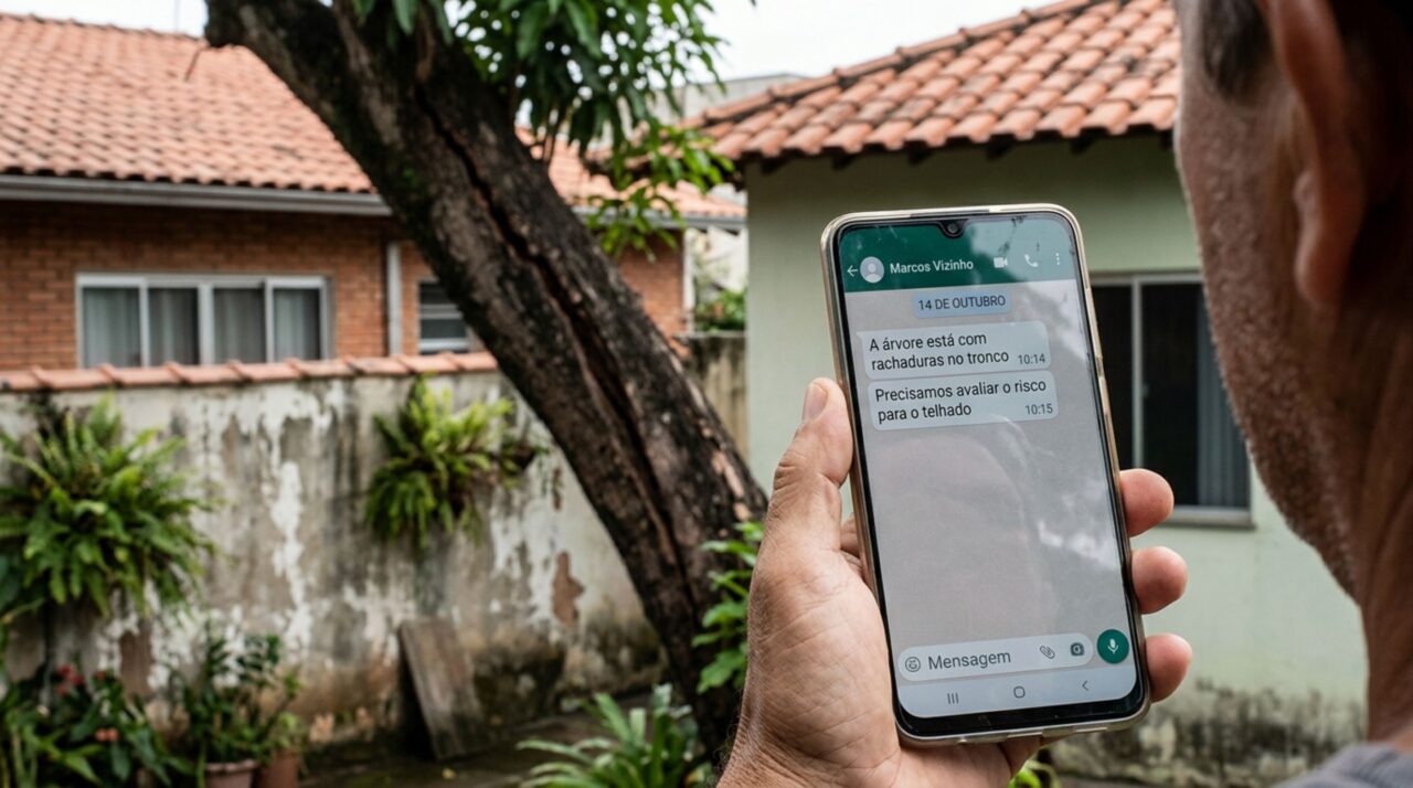 Família pede várias vezes que o vizinho avalie uma árvore inclinada sobre seu telhado, temporal derruba o tronco e destrói parte da cobertura, mas mensagens antigas mostram que o proprietário já havia recebido alertas sobre rachaduras na árvore