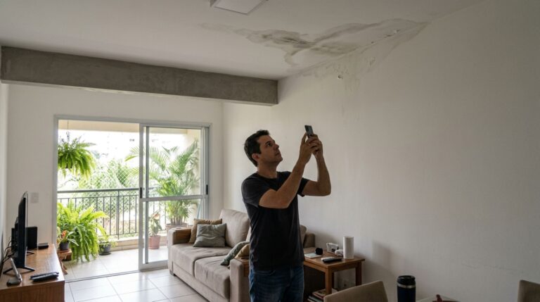 Família instala uma banheira de hidromassagem no terraço para relaxar nos fins de semana, e vizinho percebe manchas escuras surgindo no teto da sala logo abaixo