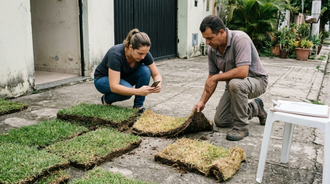 Família encomenda placas de grama para reformar o jardim e descobre que a entrega foi deixada na entrada do imóvel vizinho, onde parte do material começou a secar antes da retirada