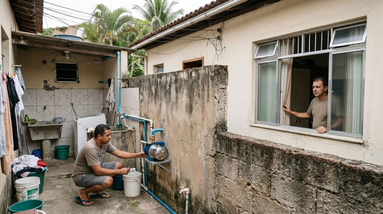 Família instala uma bomba de pressurização para melhorar a força do chuveiro e vizinho percebe um zumbido constante atravessando a parede compartilhada