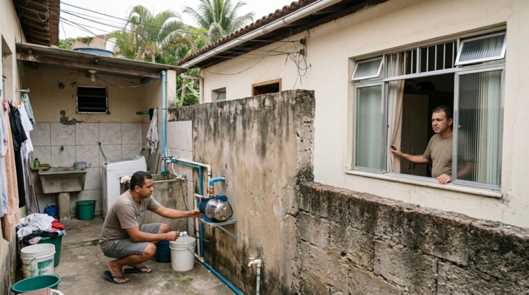 Família instala uma bomba de pressurização para melhorar a força do chuveiro e vizinho percebe um zumbido constante atravessando a parede compartilhada