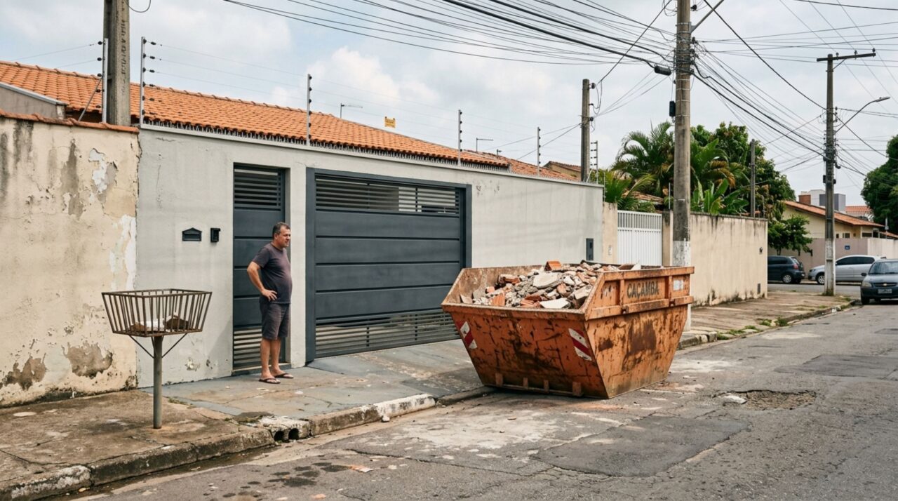 Homem aluga uma caçamba para retirar entulho da reforma, equipamento é colocado diante da garagem do vizinho durante três dias e proprietário exige indenização, mas recibo da empresa mostra que o local indicado para instalação era outro