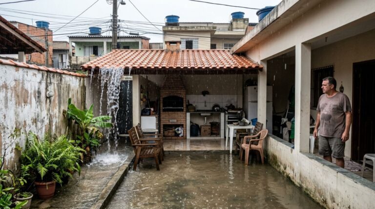 Proprietário amplia o telhado para cobrir sua churrasqueira, primeira chuva forte alaga o quintal vizinho e danifica móveis guardados na área externa, mas fotografias da obra mostram que a calha foi retirada durante a reforma