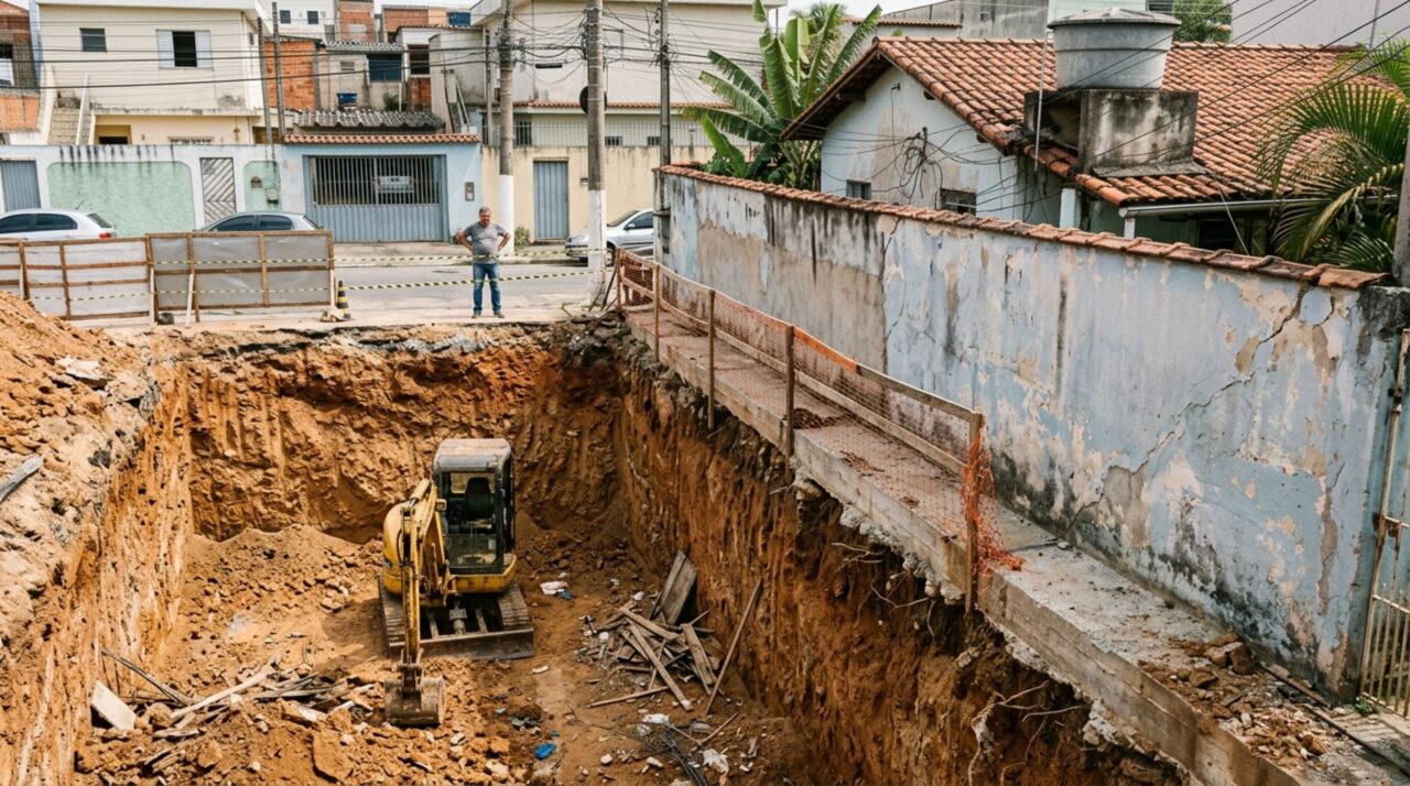 Homem decide nivelar o terreno para construir uma garagem subterrânea, retira caminhões de terra e vizinho percebe que o muro começou a inclinar, mas um laudo aponta que a escavação deixou parte da fundação exposta